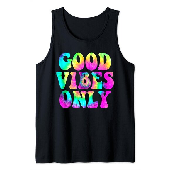 None Tops - Graphic Tank Top Good Vibes Only Black with Rainbow Tie Dye Size XL NWT